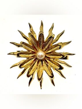 Vintage Flower Scarf Clip Faux Pearl Starburst Hinged Gold Tone Mid Century